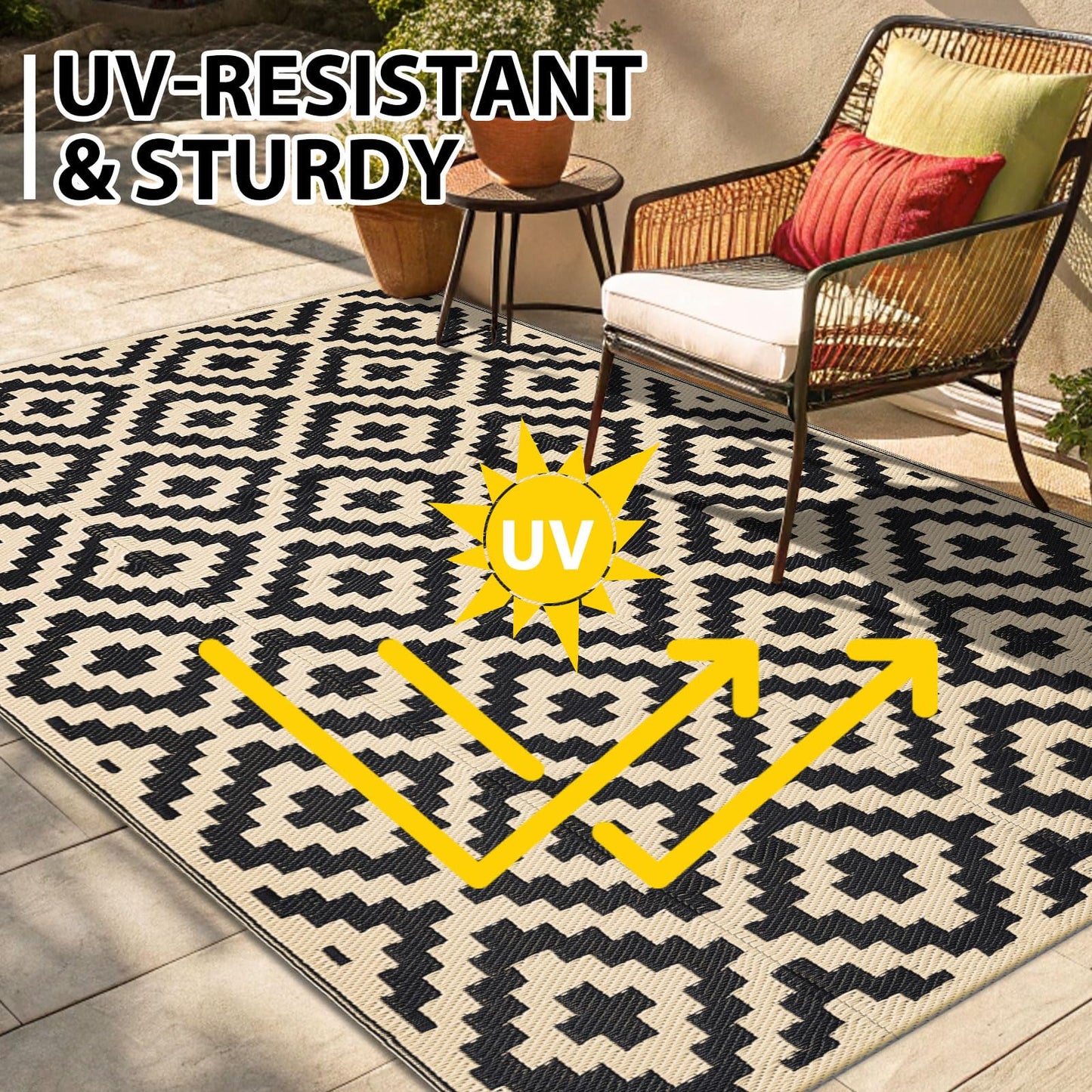 Smiry Waterproof Outdoor Rug 8x10 ft, Reversible Plastic Straw Patio Camping Rugs, Outdoor Indoor RV Mat Carpet for Patio, Outside Entry, Backyard, Deck, Bench, Picnic, Camper, Black & Beige