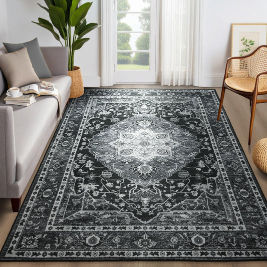 YJ.GWL Area Rug for Living Room, 4x6 Machine Washable Boho Rug for Bedroom, Low Pile Lightweight Thin Rugs Floral Vintage Distress Print Pattern Carpet for Dining Room, Navy Blue