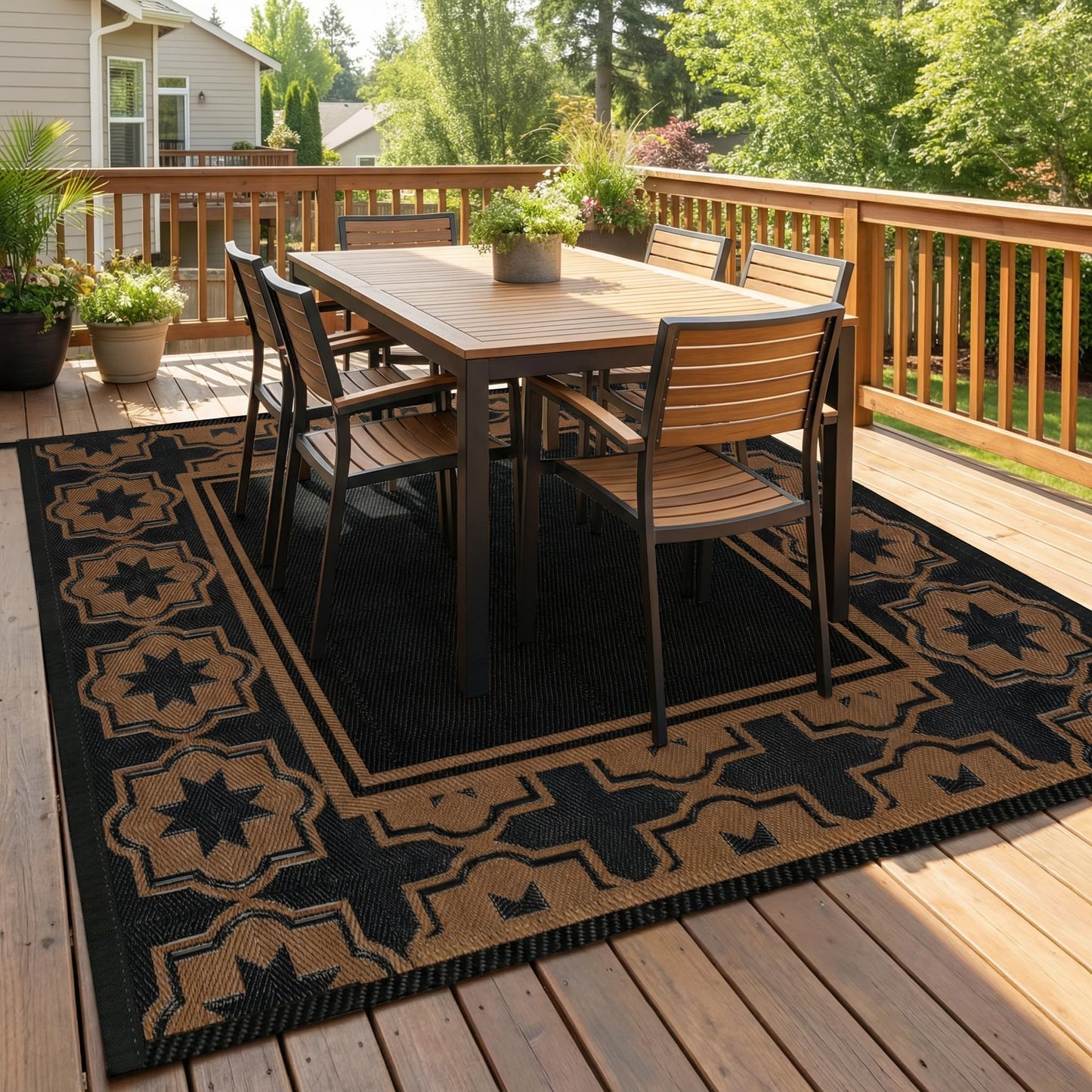 Haoyunll Outdoor Rug Geometric Black Brown 9x12 Waterproof, Extra Large Reversible Plastic Straw Outdoor Patio Rug 0.13" Thick for Backyard, Patio