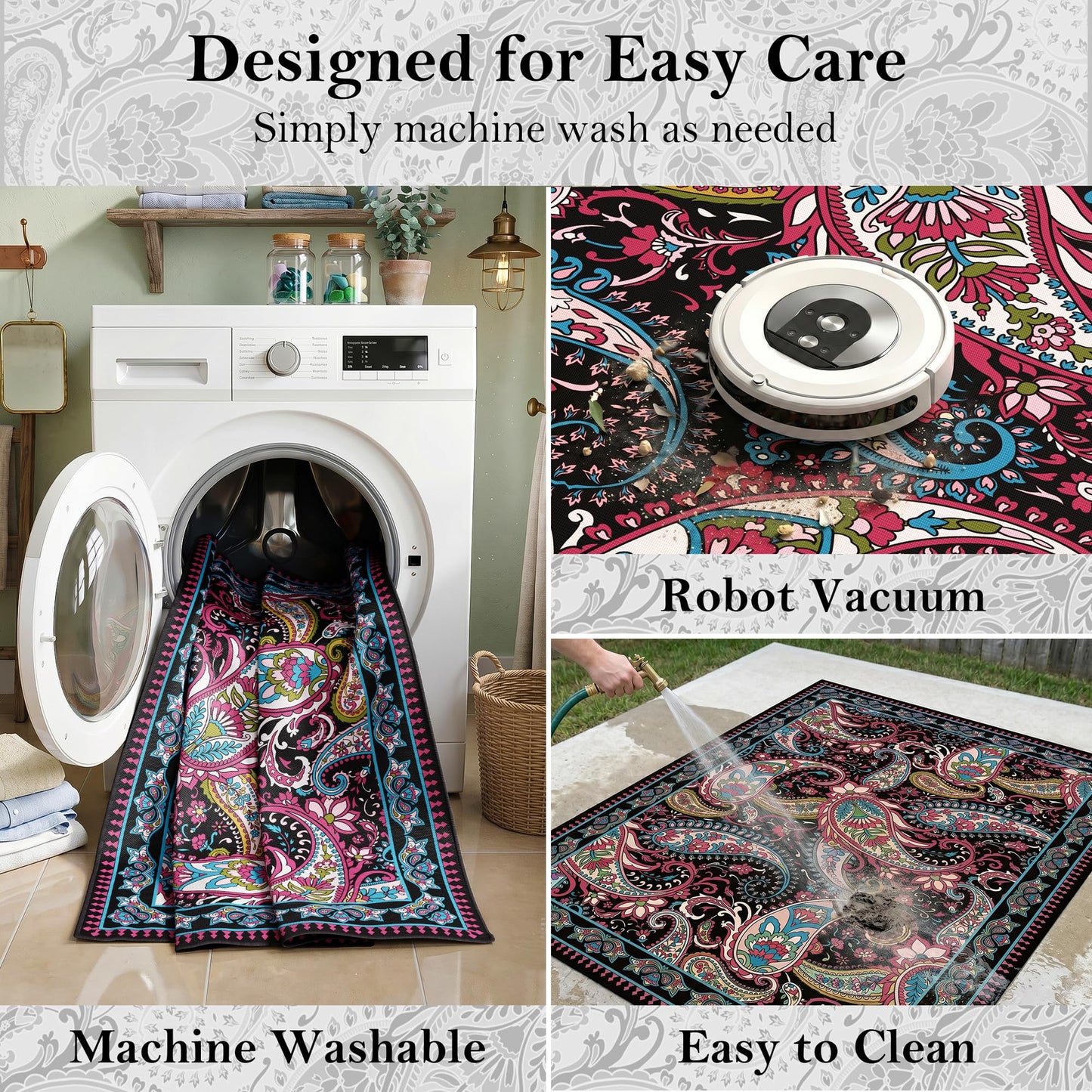 Arenarug Paisley Outdoor Rug Waterproof 4x6, UV Resistant Non Slip Patio Rug, Indoor Outdoor Boho Camping Rug Linen-Look RV Carpet for Deck Balcony Backyard, Magenta‌