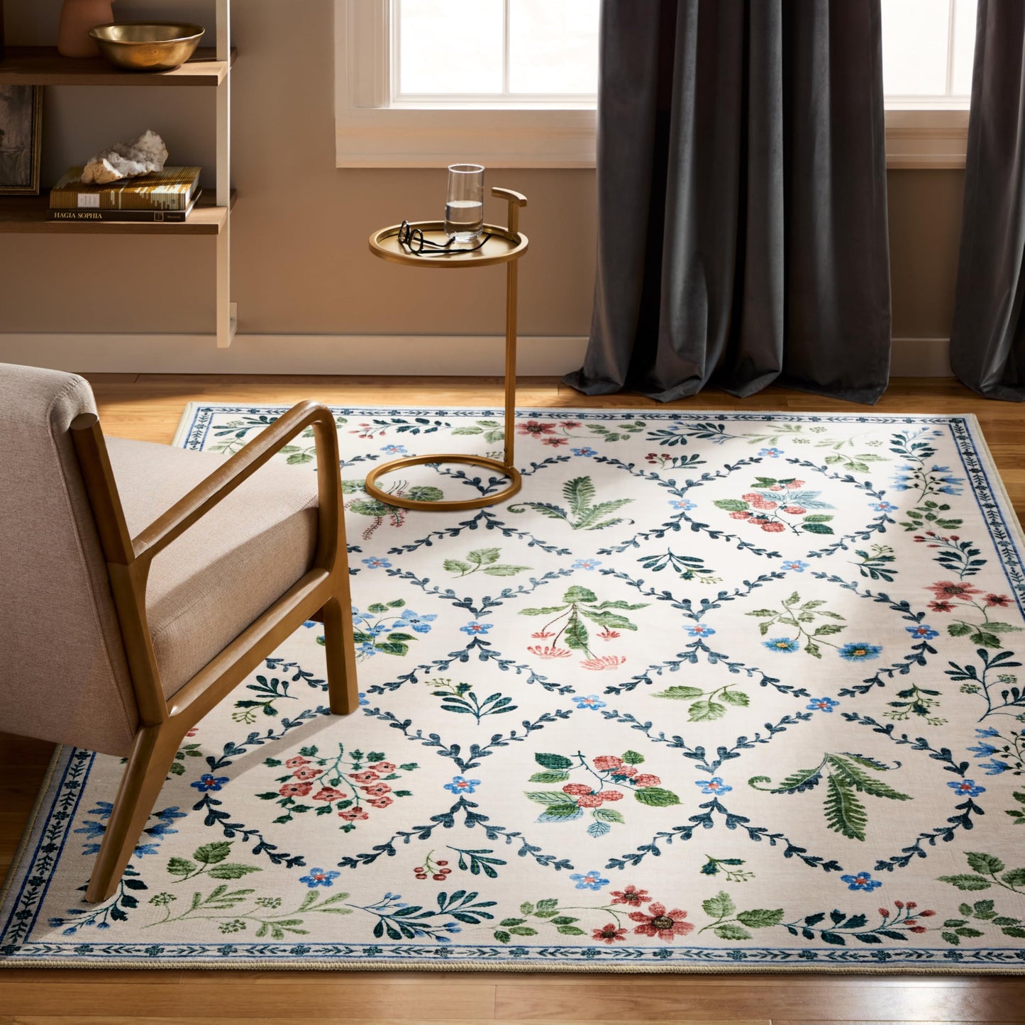 EVERWASH Haven Floral Trellis Machine Washable Area Rug with Airflo Technology for Easy Clean, Ultra-Soft Pile, Built-in Rug Pad with Non-Slip Backing, Pet, Family & Allergy Friendly, Ivory, 6'x9'