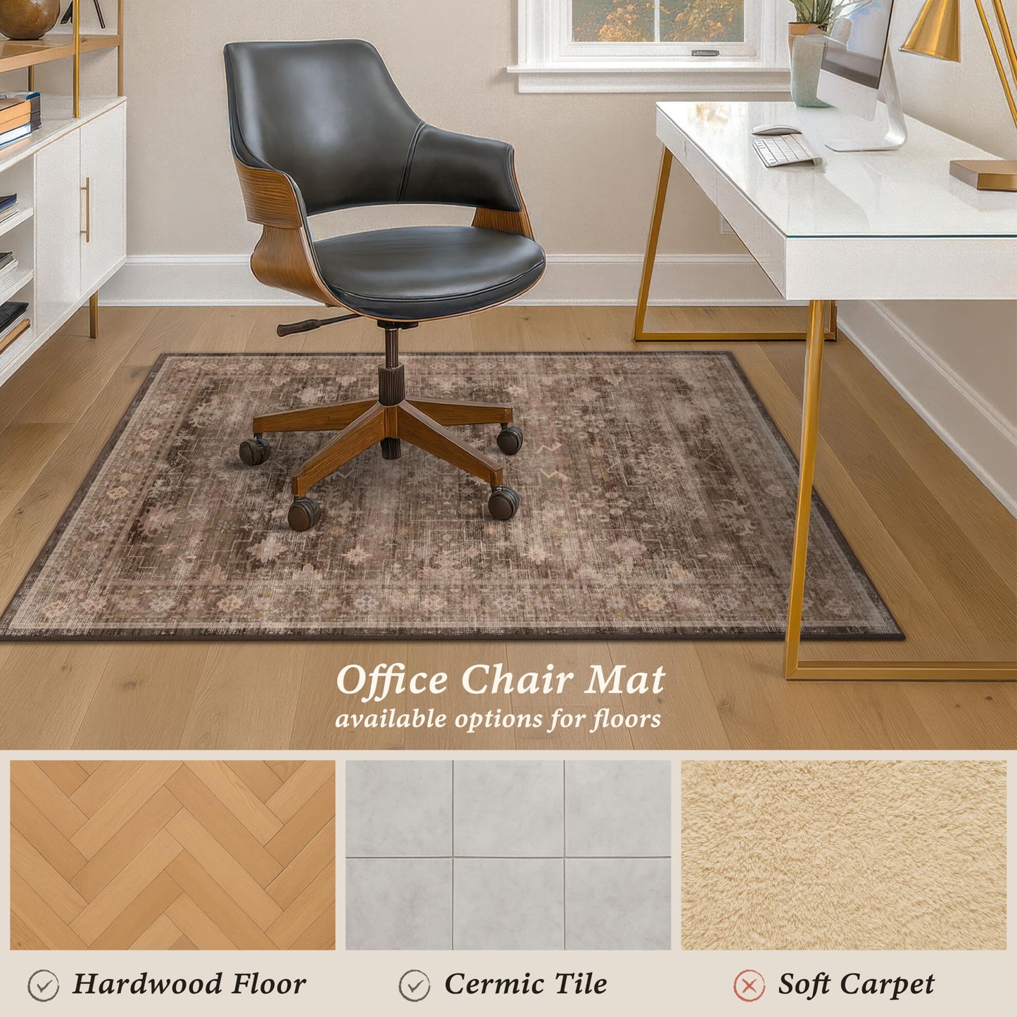 Office Chair Mat for Hardwood Floors, Brown Boho Desk Chair Rug, Low Pile Floor Protector for Rolling Office & Gaming Chairs, Non-Slip Washable Rug for Tile, Laminate, Home Office, 36" x 48"