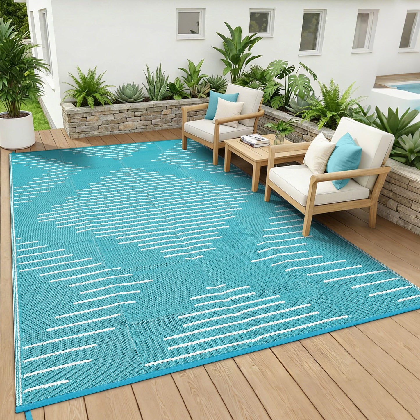Garvee Waterproof Outdoor Rug 5x8 Rug Plastic Reversible Area Rugs Indoor Outdoor Carpet for Patio RV Porch Balcony Backyard Picnic Light Blue White