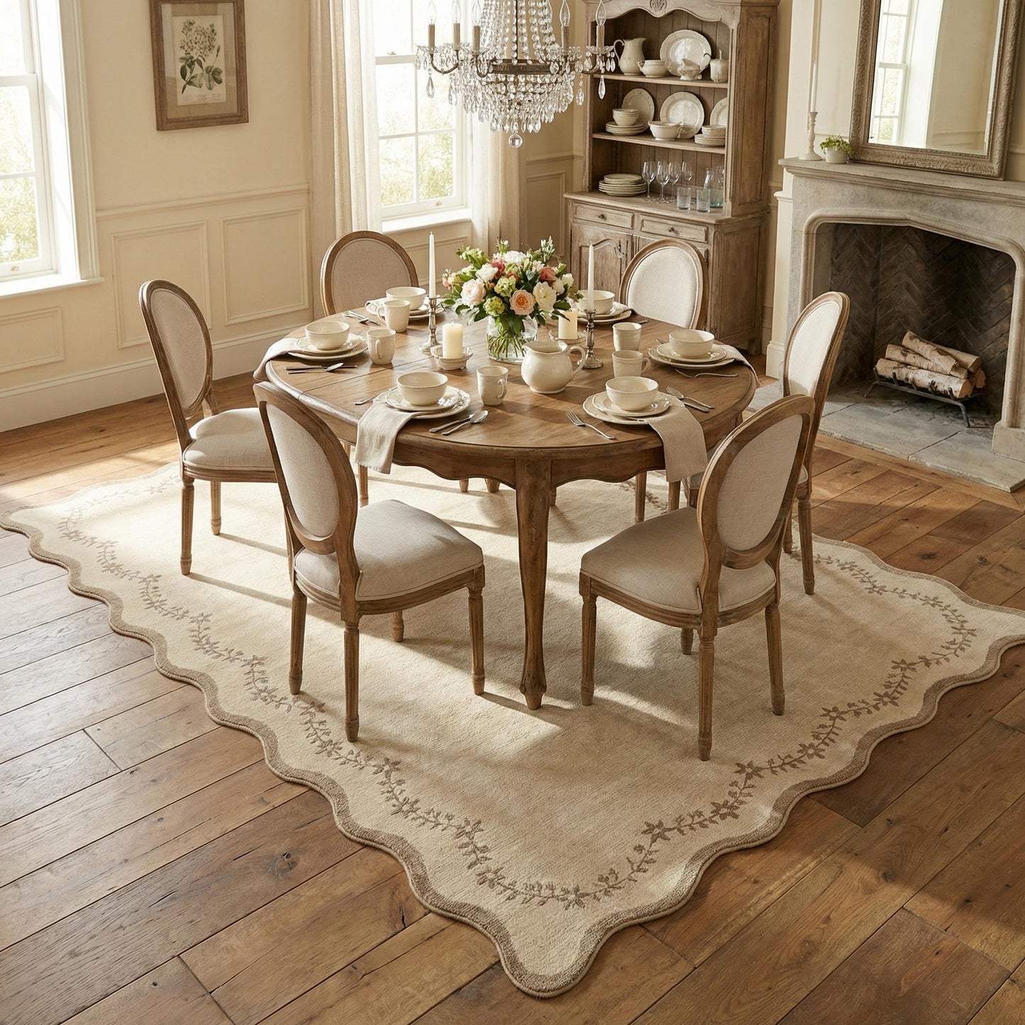 GarveeHome 5x7 Scalloped Area Rug Tan Jute Washable Rugs for Living Room Bedroom, Soft Low Pile Non Slip Accent Floor Mat Solid Floral Print Throw Rug Farmhouse Indoor Carpet for Dorm Playroom