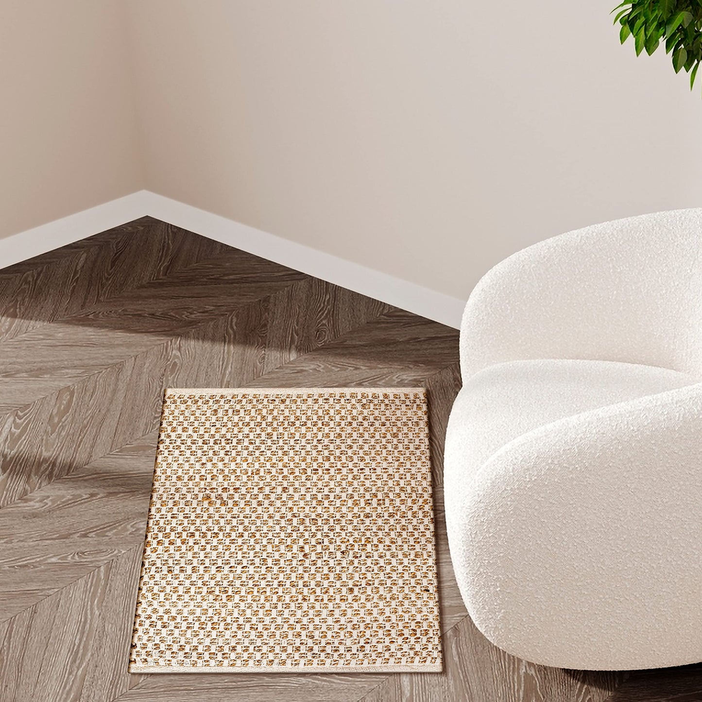 Ramanta Home Jute Cotton Rug 24x36 Inches Natural White, Handwoven Small Farmhouse Honeycomb Artistic Design Floor Rugs for Kitchen, Bedroom, Living Room, Entrance | Accent Reversible for Home Décor