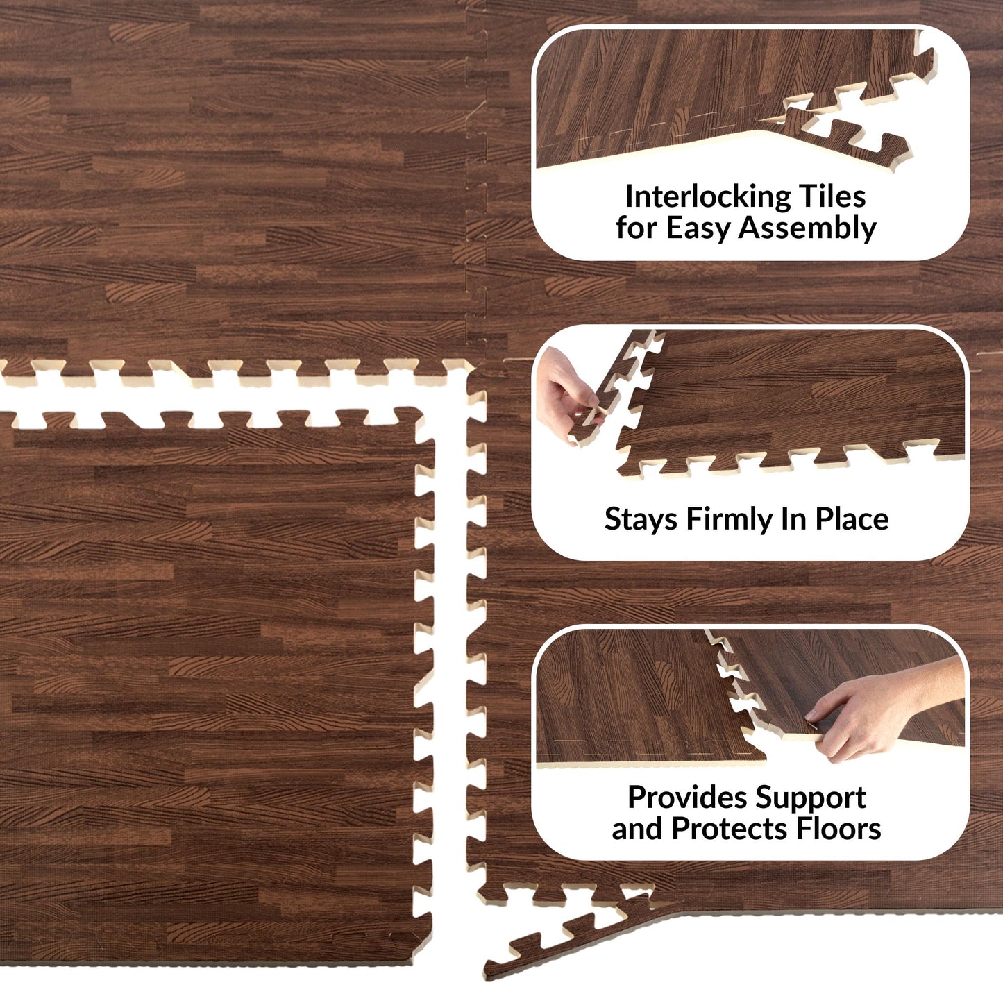 Foam Floor Tiles - 24sqft Wood Grain Interlocking Foam Tiles with Border - Soft Play Mat Playroom or Gym Flooring for Home Gym by Stalwart (Dark)