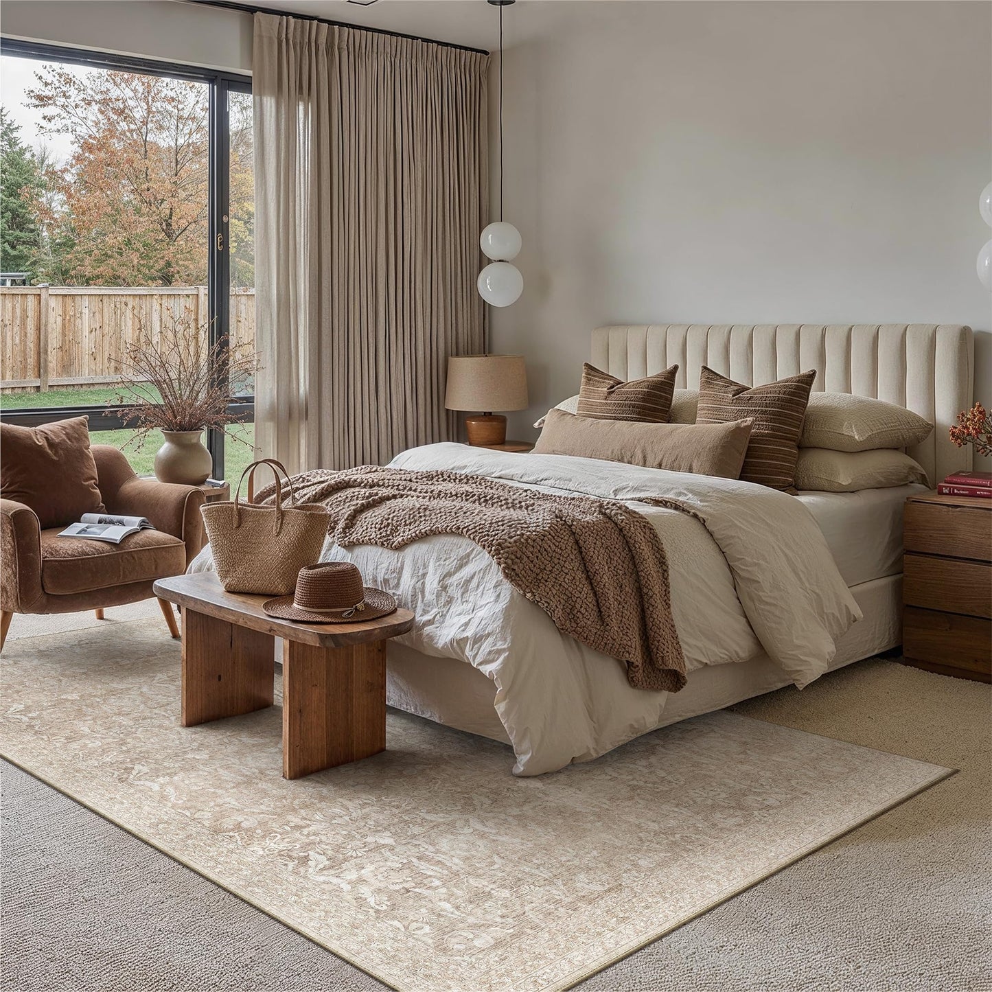 PureCozy 6x9 Area Rug Washable Beige Vintage Living Room Bedroom Carpet Indoor Large Non Slip Soft Low Pile Thin Retro Accent Home Office Dining Room Rug