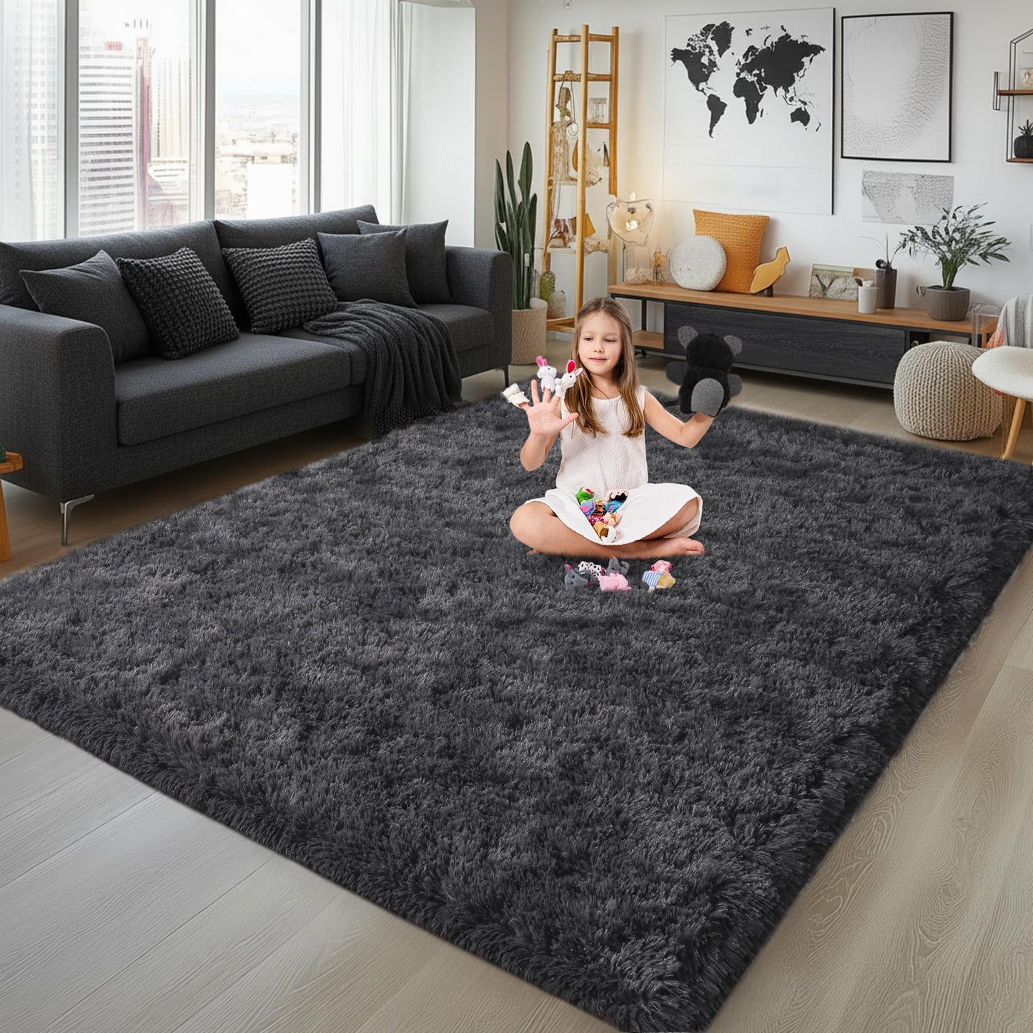 KOGSA 9x12 Large Area Rugs for Living Room, Charcoal Gray Ultra Fluffy Plush Rug for Living Room Bedroom, Thick Fluffy Carpet for Girls Boys Kids Room, Non Slip Dorm Rug for Home Decor Aesthetic