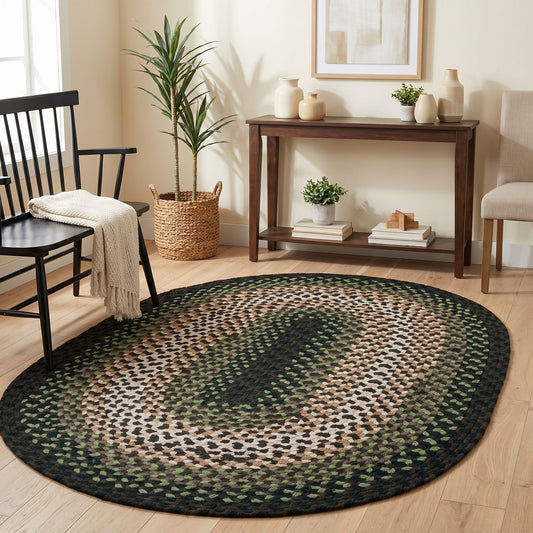 Super Area Rugs Oval 3' X 5' Green - Ivory Oval Braided Rug for Farmhouse/Primitive Style Spaces