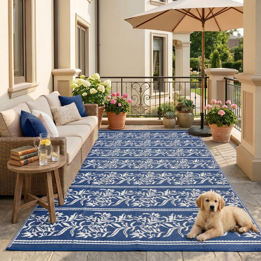 Garvee Outdoor Rugs 5x8 Waterproof Reversible Mat Boho Leaf Patio Rug with 4 Stakes and Starage Bag, Large Outdoor RV Mat Rugs for Camping, Picnic, Balcony, Deck, Backyard, Navy Blue & White