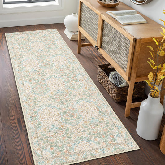 MUJOO Washable Runner Rug,Floral 2x6 Runners for Hallway Kitchen Bedroom Bedside Bathroom Laundry Room,Long Non Slip Throw Carpet Boho Indoor Neutral Vintage Ultra-Thin Light Green and Beige
