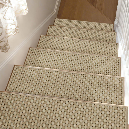 FLOORHUG Stair Treads for Wooden Steps Non-Slip Machine Washable Carpet Stair Treads 8"X30" Soft Indoor Stair Rug Runner for Kids Elders and Pets, 100% Polyester, TPE Backing, 15pcs, Beige/White