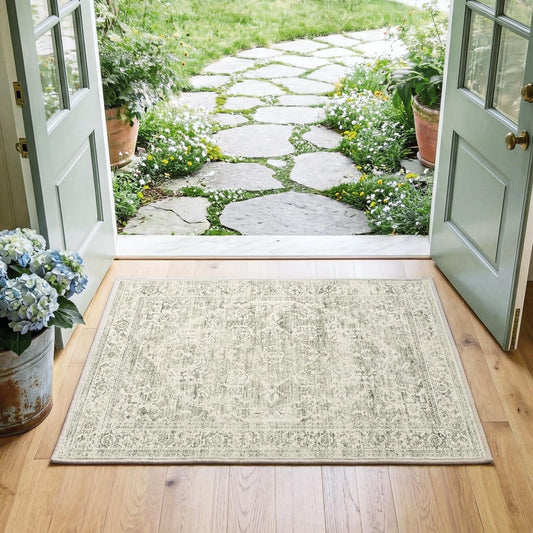 FMFUNCTEX Entryway Rug 2x3 Washable Green Neutral Vintage Distressed Oriental Door Mat Non Slip Low Pile Indoor Carpet Soft Retro Small Throw Area Rugs for Entry Way Entrance Bedroom Kitchen Bathroom