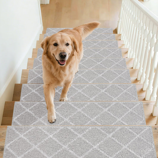 BEQHAUSE Stair Treads 15 Pack Self-Adhesive Stair Mats 28inX9in Stair Treads for Wooden Steps Non-Slip Stair Grips Polyester Soft Edging Stair Rugs Grey Stair Runner