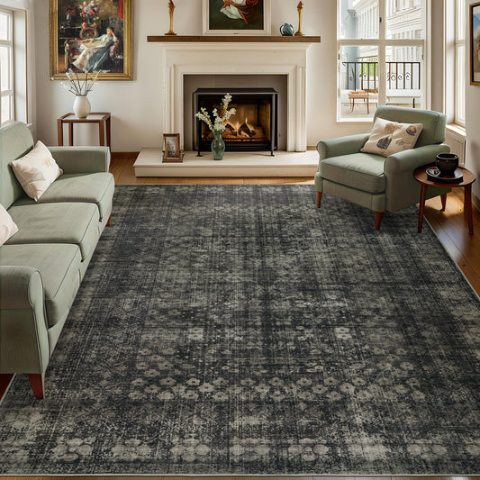 Dotiiorug 6x9 Vintage Washable Area Rug for Living Room,Low Pile Non Slip Carpet Non-Shedding Area Rug Soft Indoor Stain Resistant Rug Floral Print Mat for Bedroom Dining Room Black