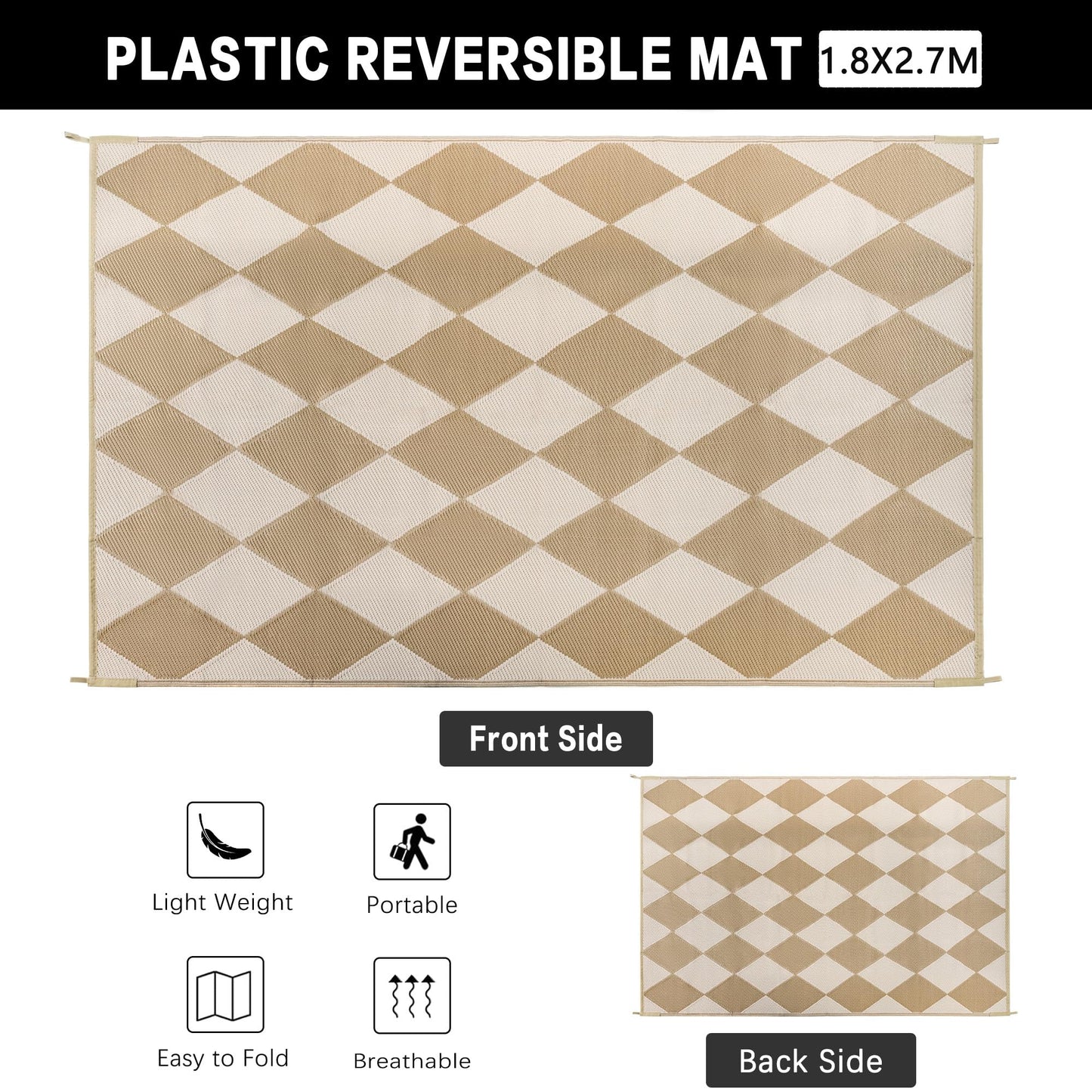 WondRg Outdoor Plastic Checkered Rug Waterproof Patio 6x9 Beige Brown Diamond Geometry Mat for Porch Camping RV Balcony Deck Courtyard Reversible Lightweight Durable Portable