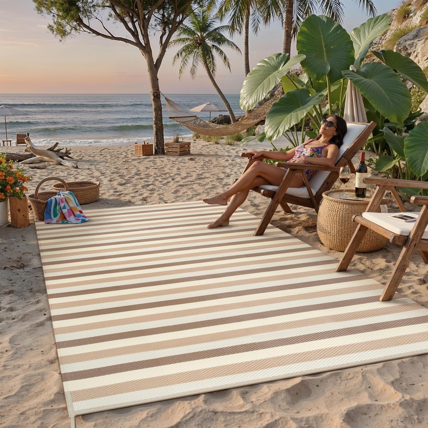 PureCozy Outdoor Waterproof Patio Rug 5x8 Plastic Straw Reversible Outside Beige Striped Carpet Lightweight Large Rug for Camping RV Porch Deck Balcony Beach