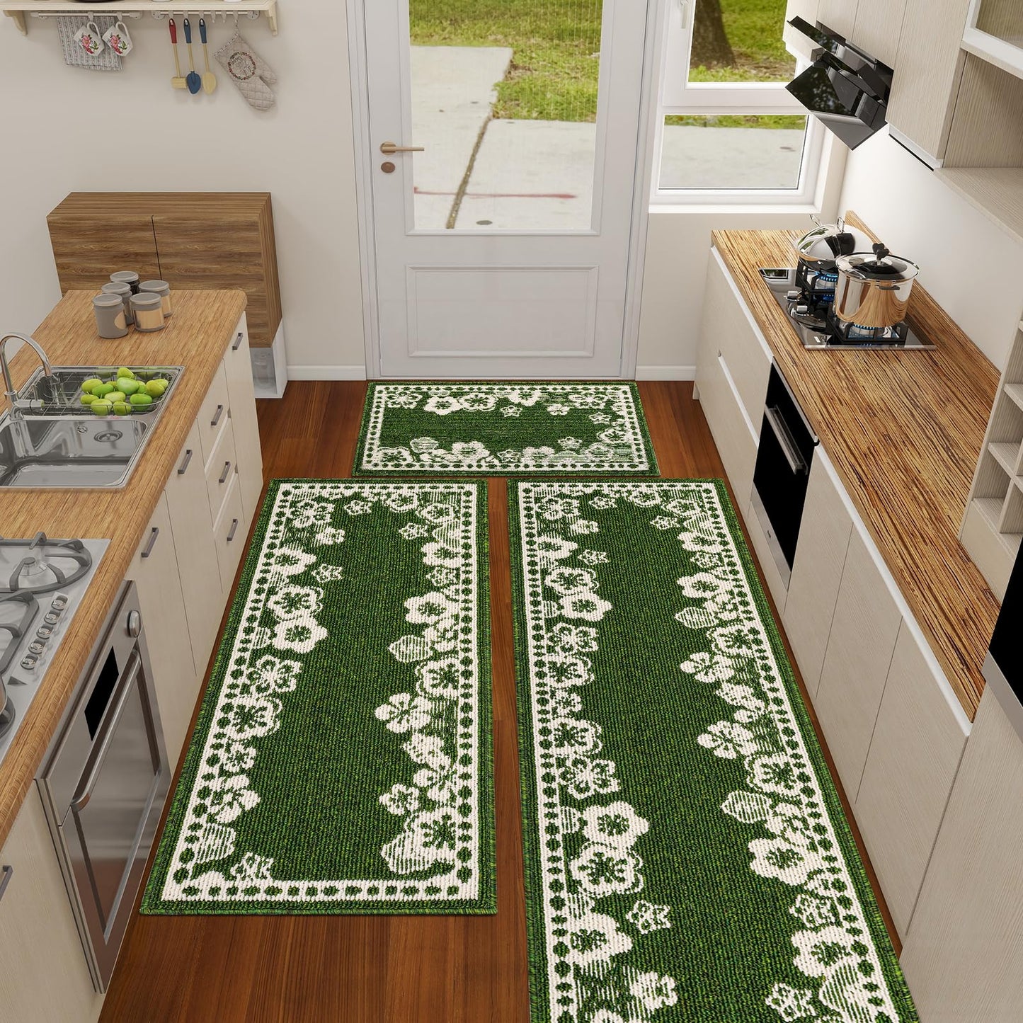 Kitchen Rugs Set of 3, Japanese Cherry Blossom Kitchen Mats for Floor Nylon TPR Non-Slip Washable Sink & Standing Mats Absorbent Resist Dirt Kitchen Runner Floral Rug (Green, 20"x59"+20"x47"+20"x32")