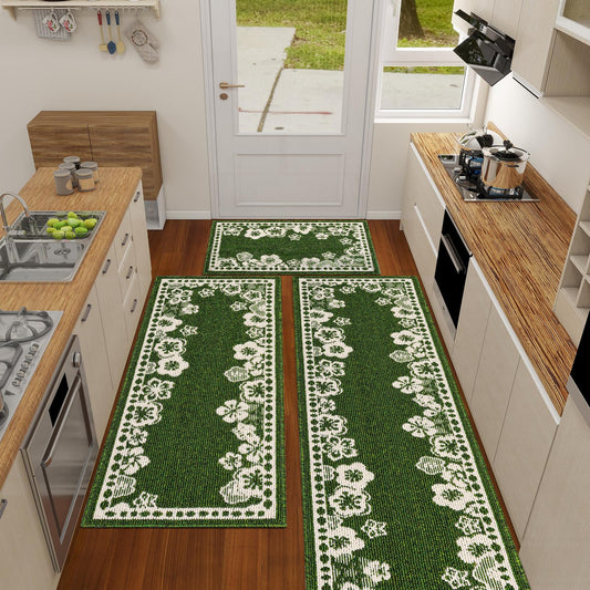 Kitchen Rugs Set of 3, Japanese Cherry Blossom Kitchen Mats for Floor Nylon TPR Non-Slip Washable Sink & Standing Mats Absorbent Resist Dirt Kitchen Runner Floral Rug (Green, 20"x59"+20"x47"+20"x32")