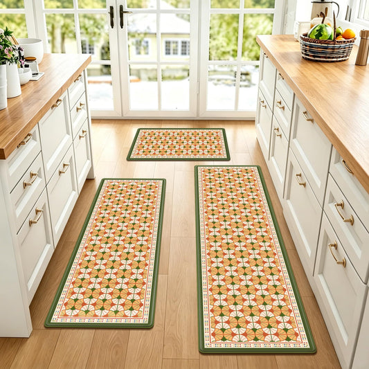 Vintage Geometric Tile Kitchen Rug Set of 3, Thick Anti-Fatigue Non-Slip Decor Kitchen Mats, Coral Orange PVC Waterproof Floor Mats, Soft Comfort Runner Rug for Sink, Laundry, Front & Indoor Doors