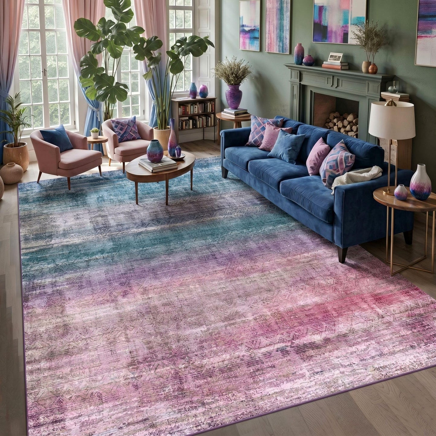 Kokia Abstract Area Rugs 9x12 Bedroom Washable Decor Low Pile Fluffy Non-Slip Non-Shedding Indoor Red Carpet Foldable Stain Resistant Floor Mat Living Room Dining Room, Oslo Orchid