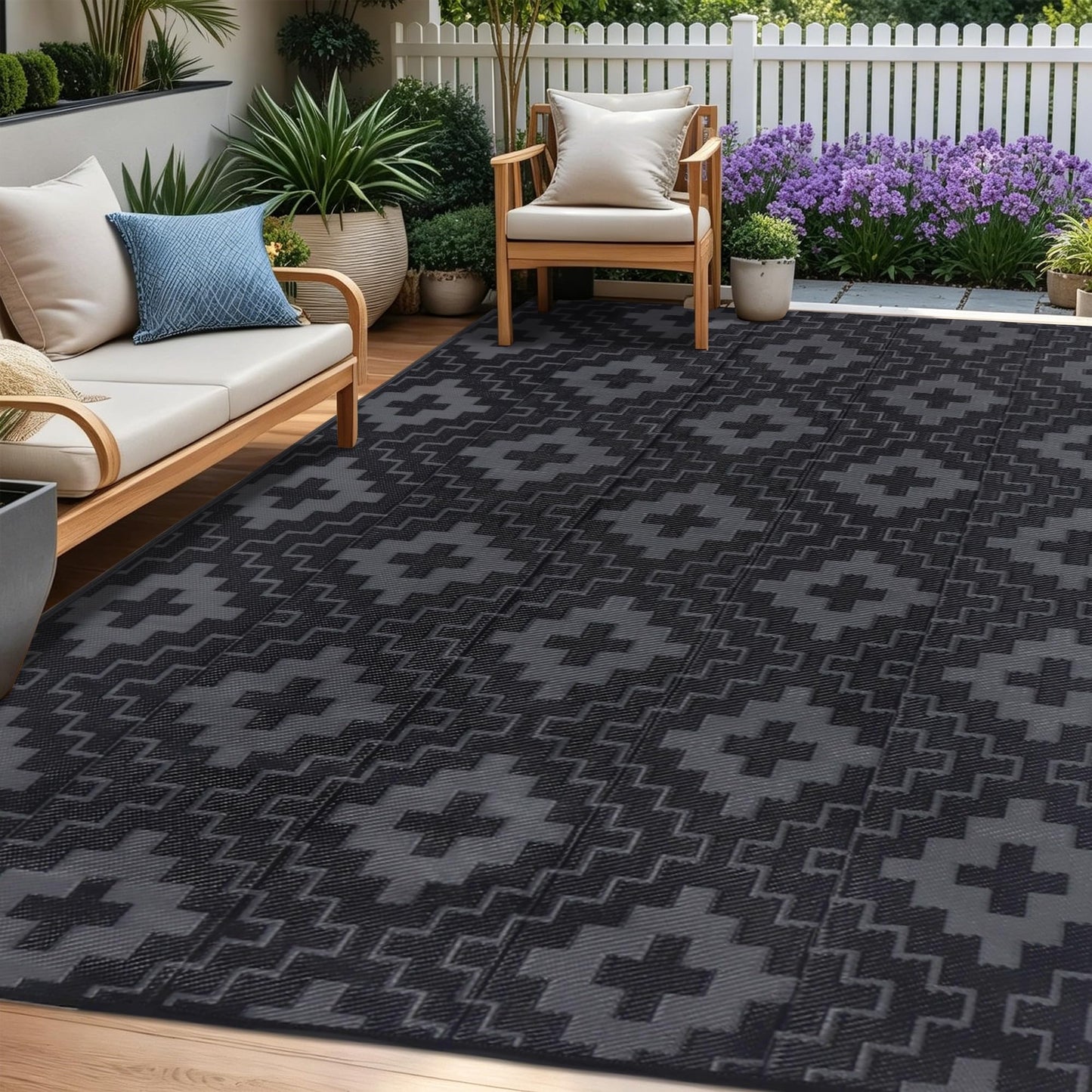 SAND MINE Waterproof Outdoor Rug 6x9 ft, Reversible Plastic Straw Area Rug, Large Floor Mat for Patio, Backyard, Deck, RV, Camping, Picnic, Beach, Balcony & Porch - Black & Grey
