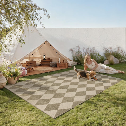 PureCozy Outdoor Patio Rug 5x7 Beige/White Checkered Area Rug Linen-Look Washable Indoor Outdoor Living Room Carpet Farmhouse Neutral Non Slip Stain Resistant Rugs for Balcony Porch Garden