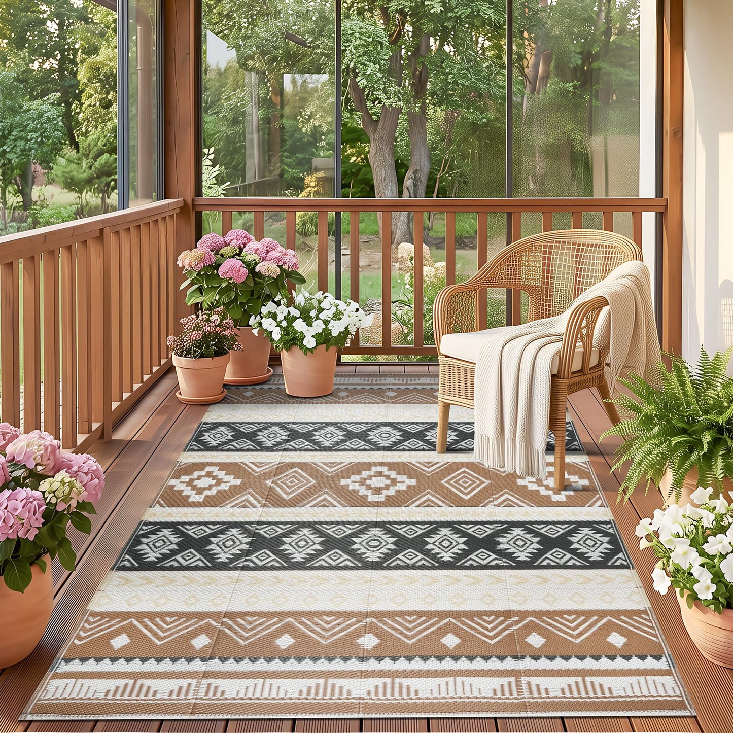 Outdoor Rug 5x8 ft Waterproof Reversible Plastic Straw Patio Camping Rug, Portable Indoor Outdoor RV Mat Carpet for Deck, Camper, Porch, Balcony, Backyard, Picnic, Brown
