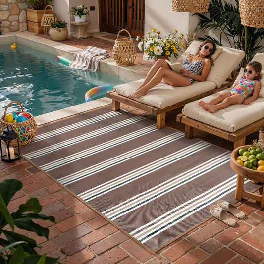 PureCozy Outdoor Waterproof 6x9 Rug for Patio Reversible Plastic Straw Brown Striped Camping Mat Outside Lightweight Large Floor Mat for RV Deck Beach Balcony Picnic Backyard Entry Porch