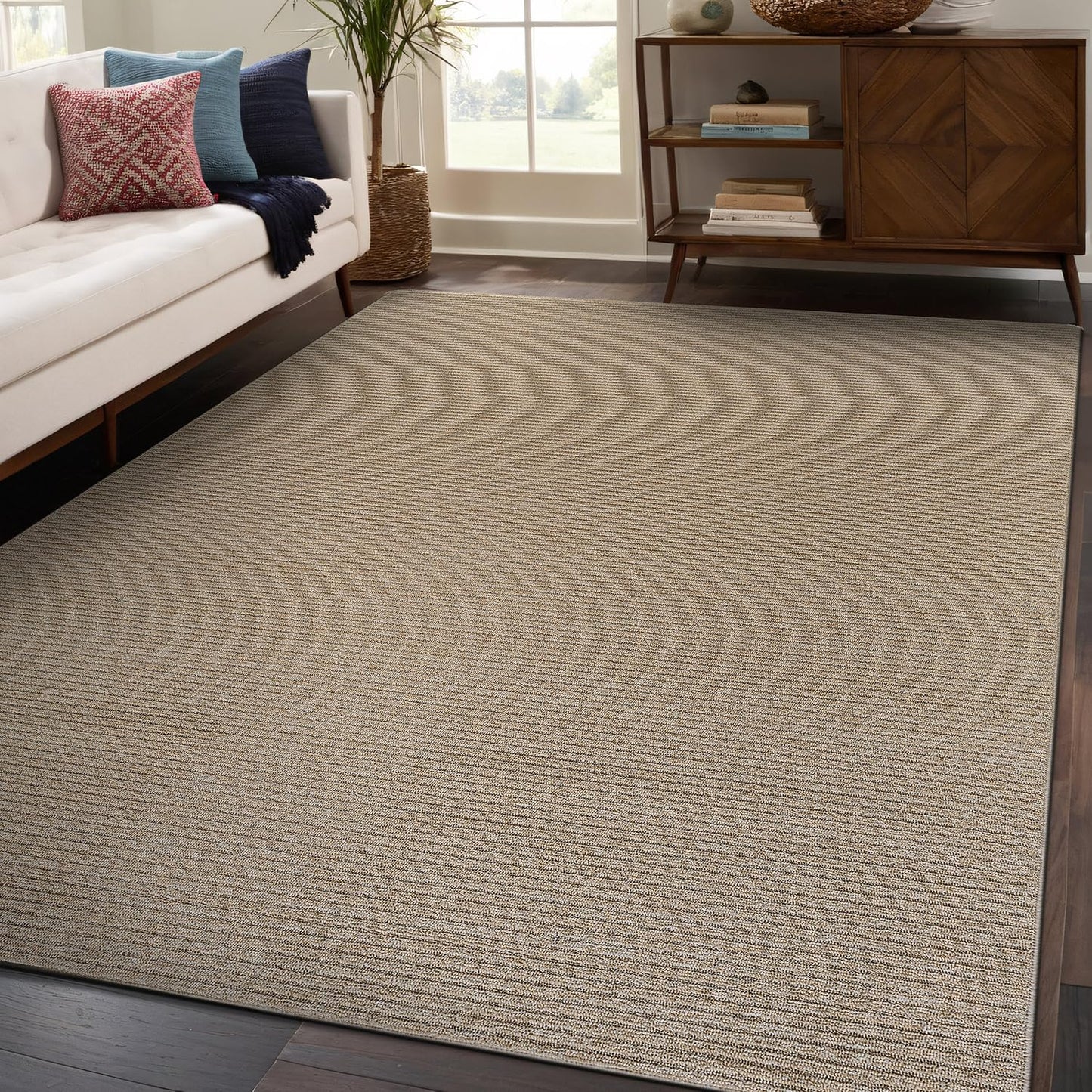 Beverly Rug Non-Slip Modern Rug 6x9 Solid Traditional Rubber Backing Machine Washable Soft Thin Indoor Area Rugs for Living Room Stain Resistant Non Shedding Casual Carpet (6 x 9 Beige)