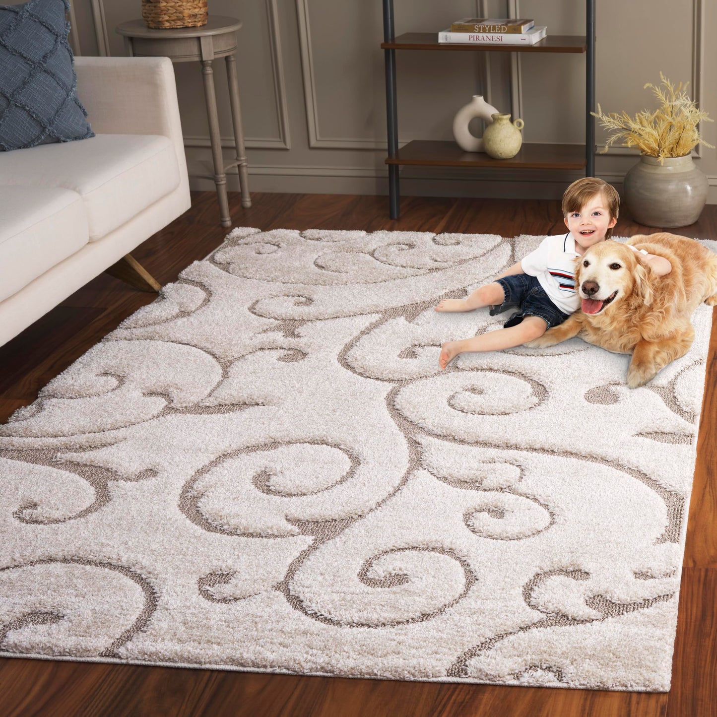 SAFAVIEH Florida Shag Collection Accent Rug - 3'3" x 5'3", Cream & Beige, Scroll Design, Non-Shedding & Easy Care, High-Low Plush Pile, Ideal for Living Room, Bedroom, Dining Space (SG455-1113)