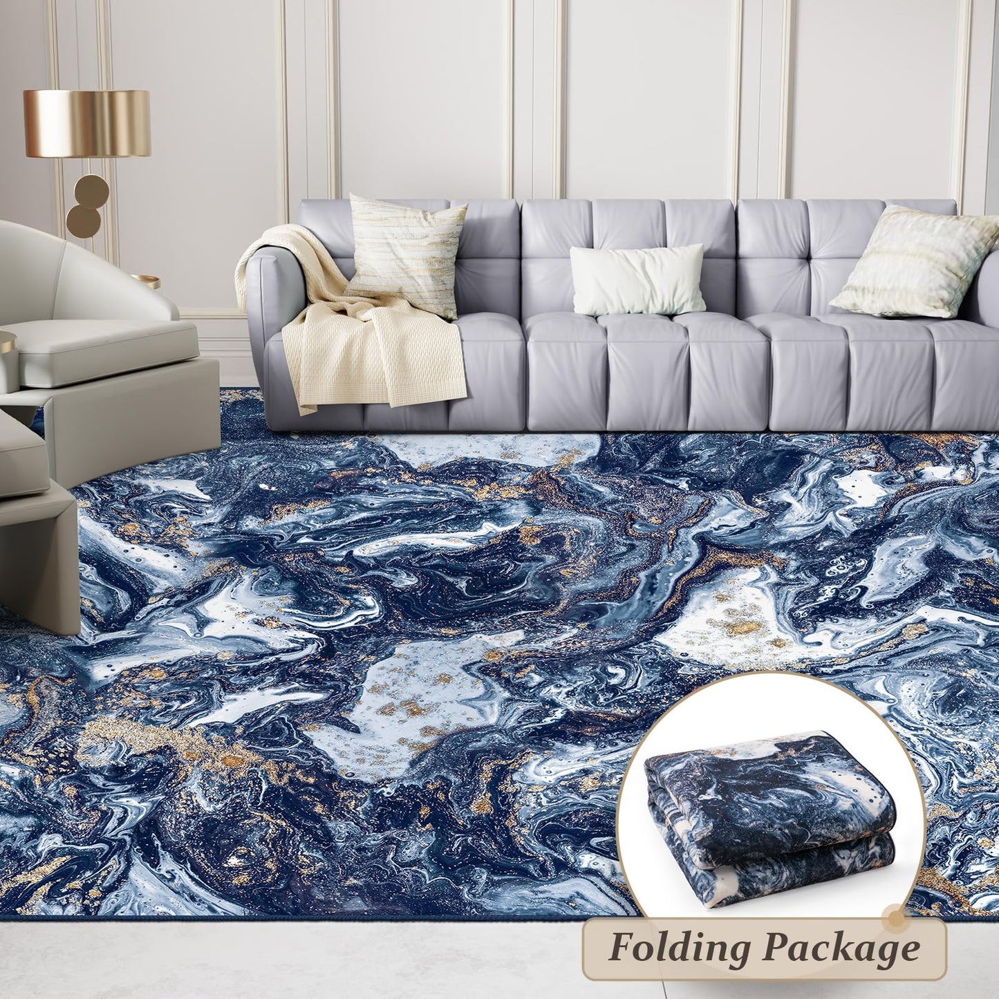 GEMBED Washable Area Rug 5x7 - Artistic Style Modern Rug for Living Room Bedroom Dining Room, Soft Low Pile Machine Washable Carpet, Non Slip Non Shedding Area Rug - Dark Blue/Gold, 5'x7'