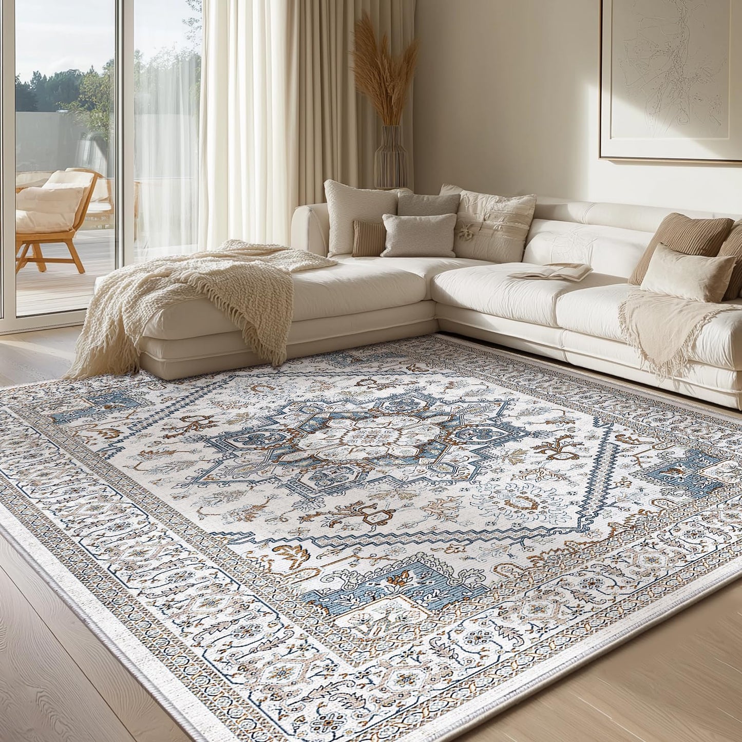 OPPODREAM Soft Neutral Area Rugs 5x7, 5x7 Washable Rug with Non Slip Backing, 5 x 7 Faux Cashmere Low-Pile Carpet, Cream White & Blue & Light Brown