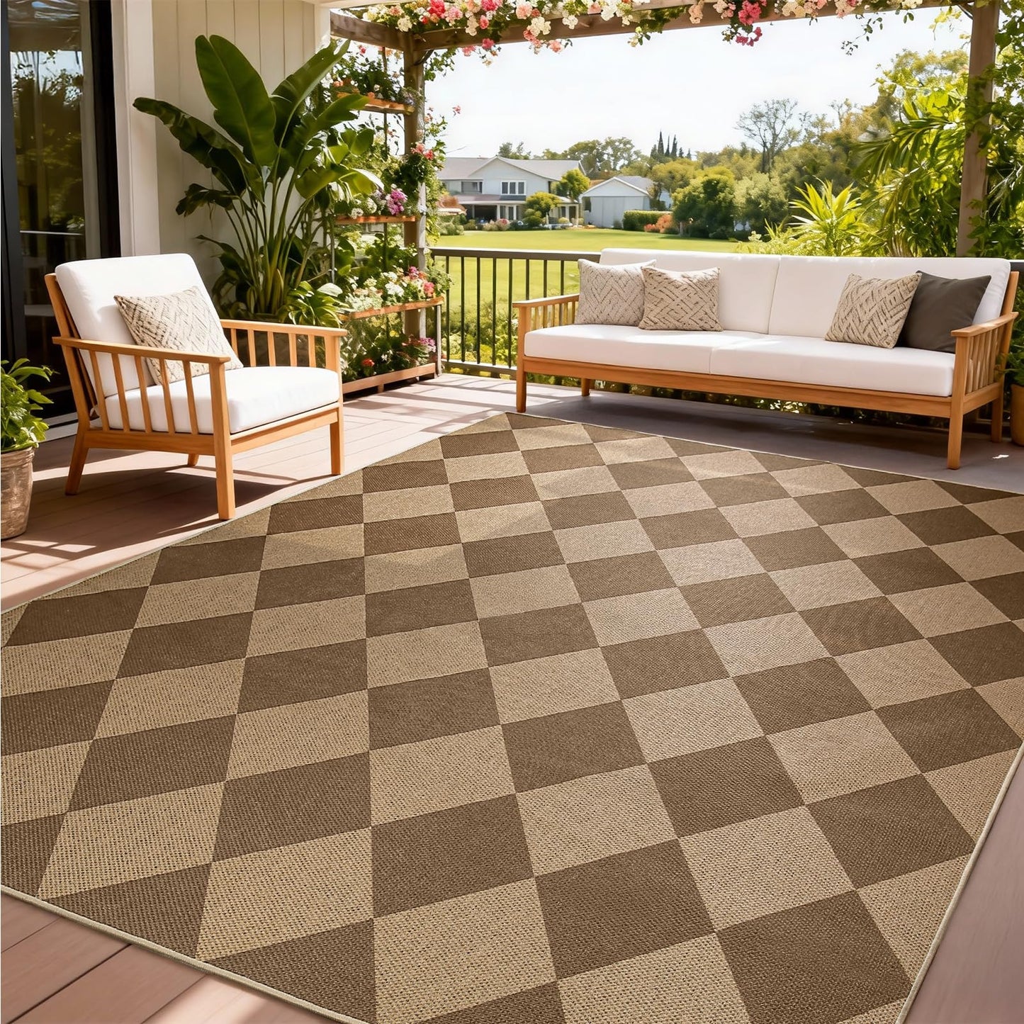 EDIMENS Checkered Easy Jute Area Rugs, 5x7 Outdoor Patio Rug for Entryway Indoor Outdoor Living Room Carpet, Brown Washable Non Slip Diamond Farmhouse Carpet for Backyard Front Porch Patio Balcony