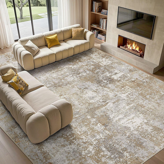 Tortania Washable 9x12 Area Rug for Living Room: Modern Abstract Neutral Large Soft Thin Rugs - Non Slip Indoor Carpet for Bedroom Dining Room Office Nursery Home Floor Decoration - Brown Grey