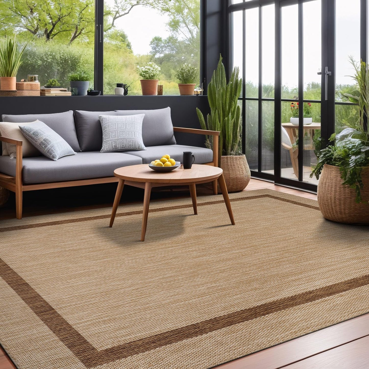 Luul Home Bordered Outdoor Rug 6x9 Washable Outside Carpet for Indoor Patio Porch Waterproof Easy Cleaning Non Shedding Area Rugs Jute Beige - Nut Brown 6 x 9