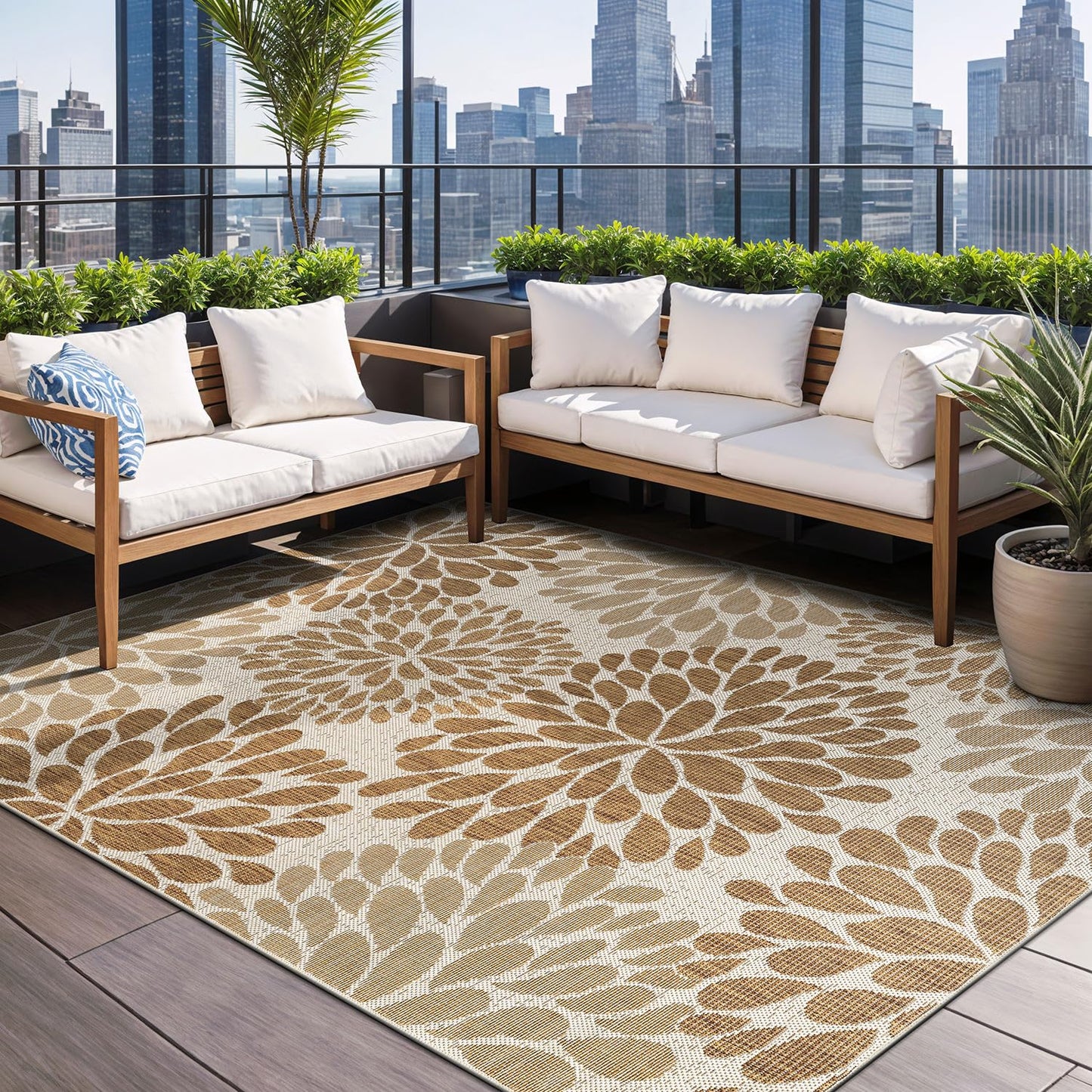 Beverly Rug Outdoor Rug 8x10 Modern Exotic Tropical Leaf Area Rugs for Indoor and Outdoor Patio Deck Porch Garden Water Resistant Washable Outside Carpet (8 x 10 Beige)