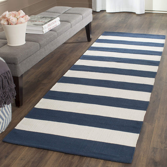 SAFAVIEH Montauk Collection Runner Rug - 2'3" x 9', Navy & Ivory, Handmade Flatweave Cotton, Woven Texture, Farmhouse Stripe Pattern, Ideal for Bedroom, Kitchen, Hallway (MTK712H)