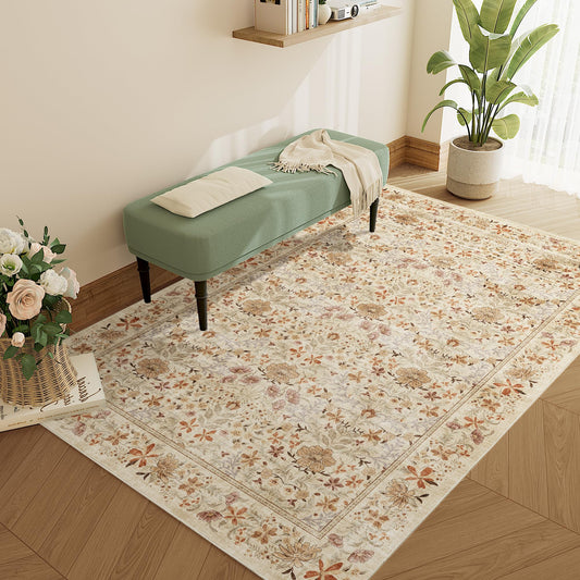 DUKINO 3x5 Area Rug, Vintage Floral Washable Rug for Bedroom with Non Slip Design, Soft Low Pile Indoor Small Carpet for Bedroom, Farmhouse, Living Room, Office, Bathroom, Beige