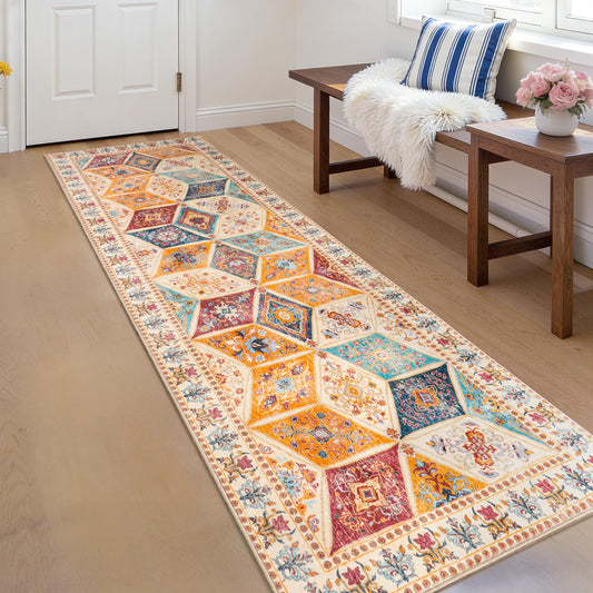 QDUIDU Moroccan 2x6 Runner Rug, Vintage Distressed Boho Floral Geometric Patchwork Washable Non Slip Throw Floor Long Carpet Runner for Hallway Entryway Kitchen Bathroom Bedroom Livingroom Rug, Cream