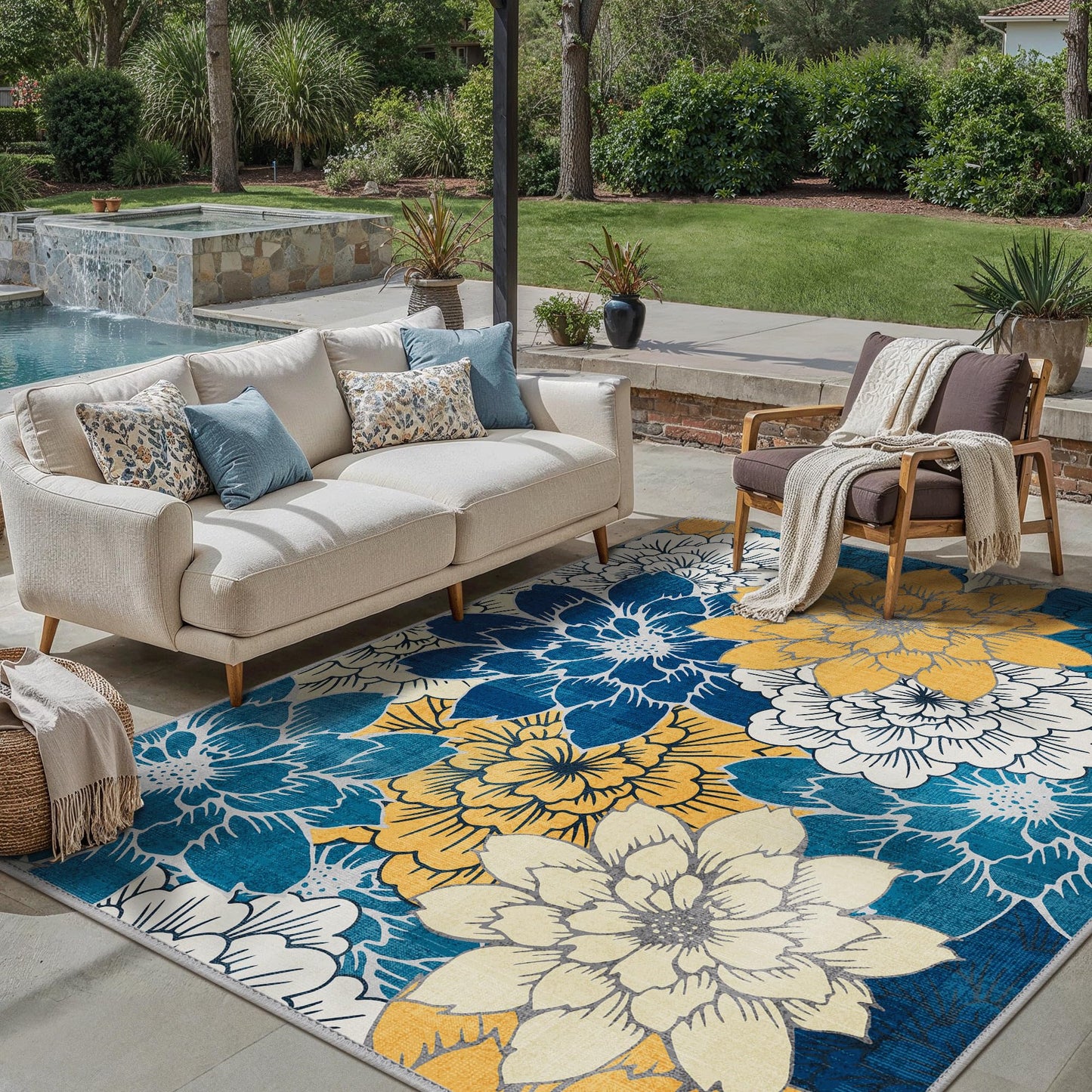 GENIMO Indoor Outdoor Area Rug 8' X 10' Waterproof, Washable Patio Rug Non Shedding, Easy Cleaning Floral Outdoor Carpet for Living Room, Bedroom, Dining Room, Balcony, Backyard, Blue