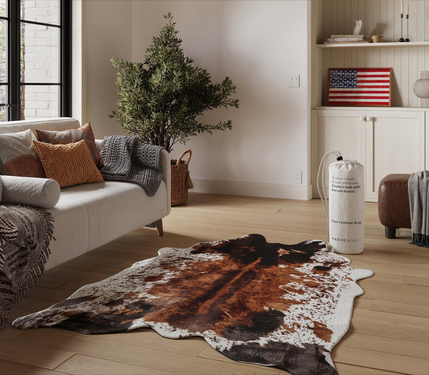 NativeSkins Faux Cowhide Rug 4'7" x 6'7" – Brown Cow Print Area Rug for Living Room & Bedroom – Non-Shedding, Flat-Lay, Pet-Friendly – Faux Suede Grip Backing – Vegan Western Farmhouse Decor