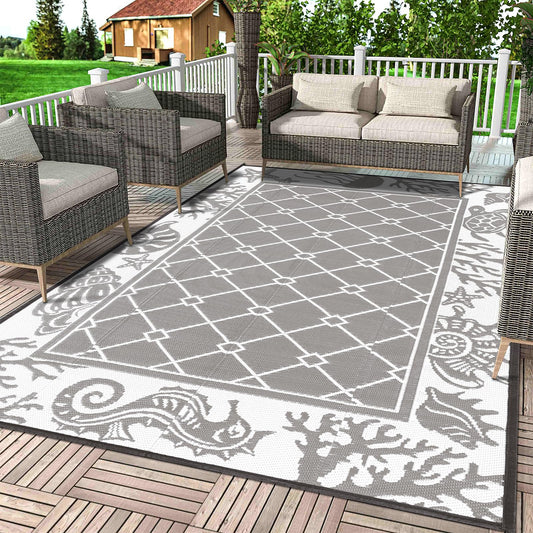 Vaukki Reversible Rugs, Plastic Straw Outdoor Doormat, Fade Resistant Plastic Outdoor Patio Mat, Lightweight Ocean Area Carpet for Patio, RV, Camping, Beach, Deck, Backyard and Picnic (Grey, 5'x8')