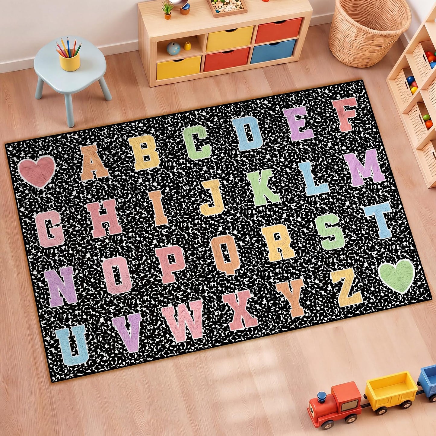 Dunzy 4.92 x 7.55 ft Classroom Rug Composition Notebook Alphabet Rug Pastel Back to School Reading Calming Corner Decor Composition Carpet for Teaching and Playroom