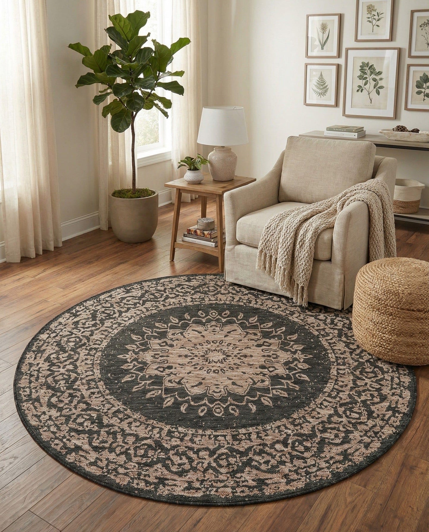 Rugs.com Outdoor Traditional Collection Rug – 6 Ft Round Black Flatweave-Pile Rug Perfect for Kitchens, Dining Rooms