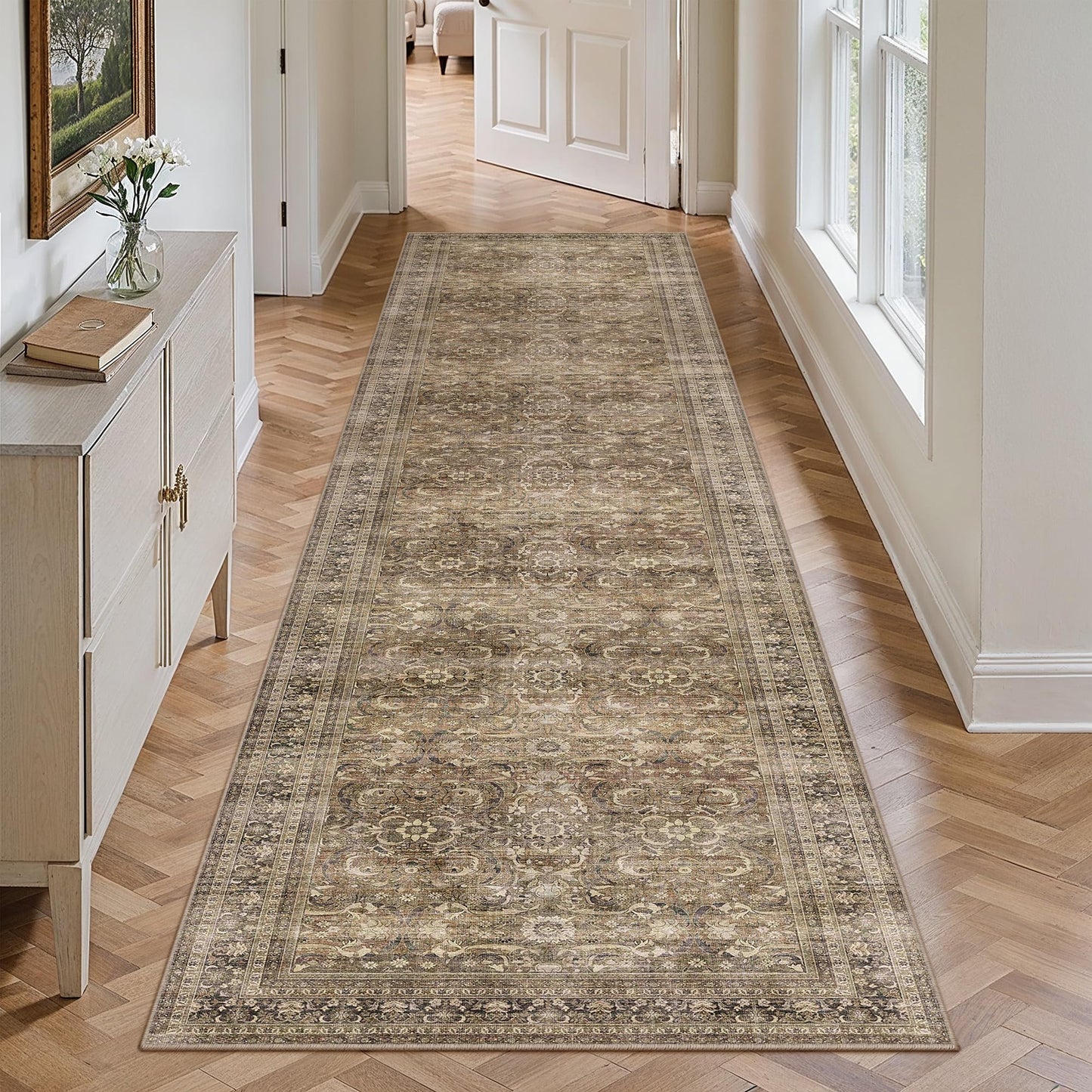 HUGEAR 2'6''x10' Runner Rug Hallway Vintage Brown Machine Washable Retro Floral Low Pile Carpet Distressed Long Throw Rug Bedroom Kitchen Laundry Non Slip Soft Lightweight
