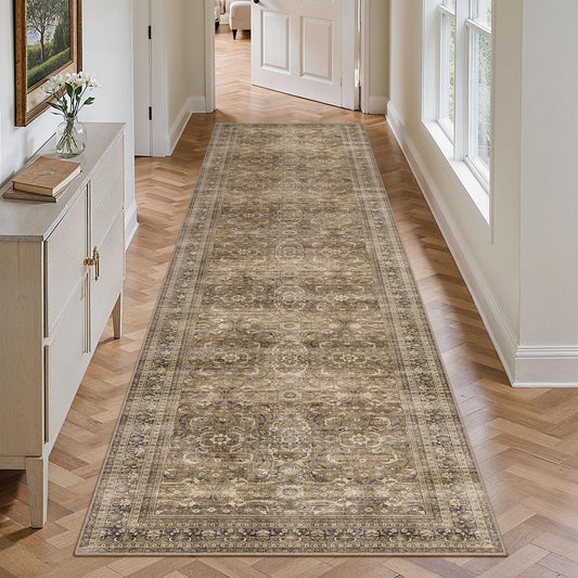 HUGEAR 2'6''x10' Runner Rug Hallway Vintage Brown Machine Washable Retro Floral Low Pile Carpet Distressed Long Throw Rug Bedroom Kitchen Laundry Non Slip Soft Lightweight