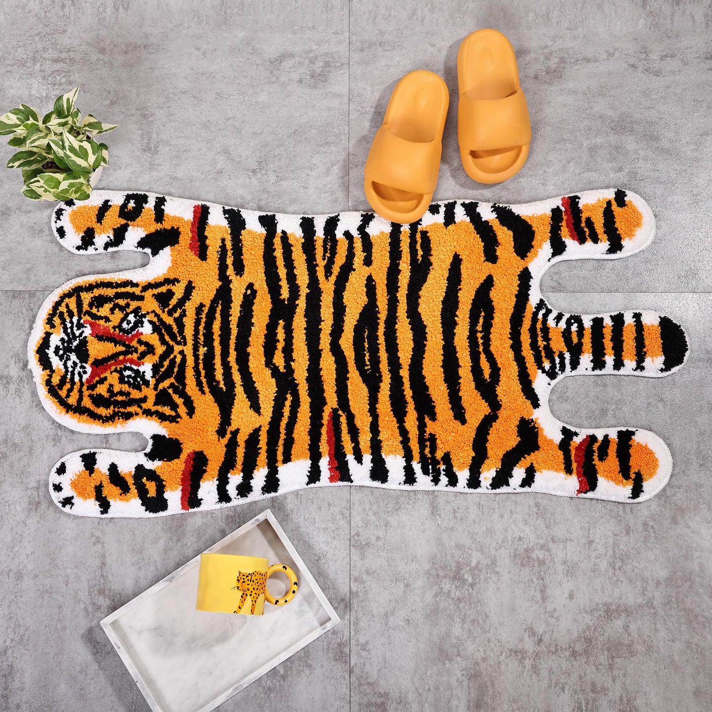 Panstar Tiger Bath Mat for Bathroom, Cute Orange Yellow Tiger Cartoon Non Slip Animal Shaped Absorbent Bathtub Bathroom Plush Shower Rugs