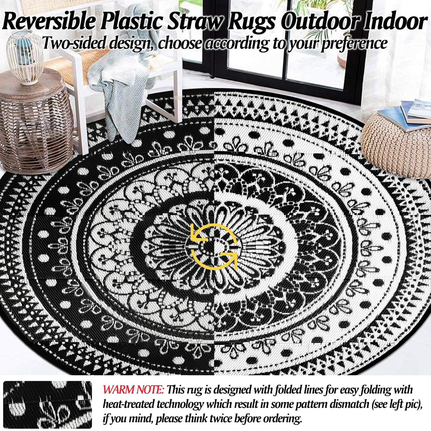 Cekene Round Outdoor Rugs for Patio 8Ft Waterproof Reversible Outdoor Patio Rugs Black Lightweight Plastic Straw Rugs Portable RV Camping Mat Floor Carpet for Deck Porch Picnic BBQ
