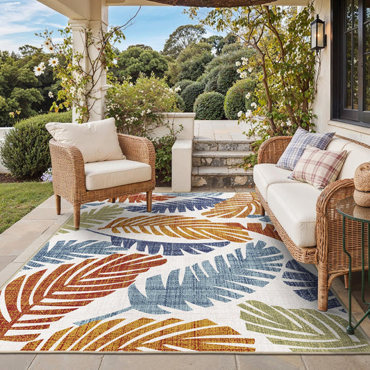 GENIMO Outdoor & Indoor Area Rug 5'x8', Waterproof, Non-Shedding, Easy Cleaning, Leaf Mat for Patio, Living Room, Balcony, Dining Room, RV, Deck, Bedroom, Camping, Outside Carpet, Rust Navy